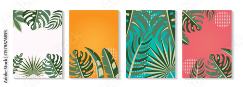 Summer poster set, palm beach cards, tropical leaves pattern. Vector illustration. Jungle exotic minimal flyer, brochure voucher template. Fashion Hawaiian background