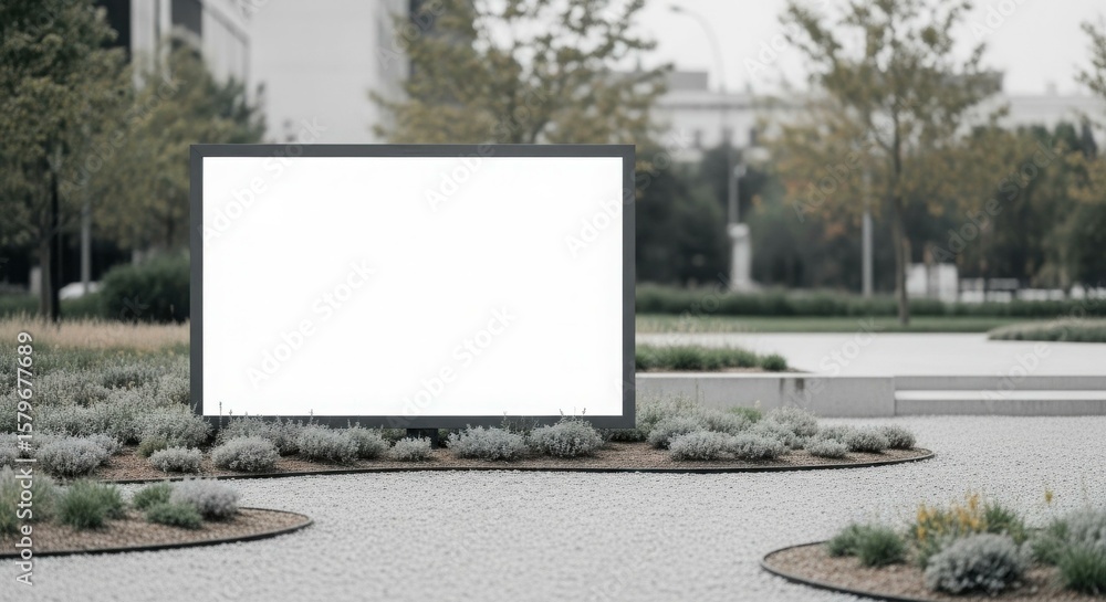 Fototapeta premium A blank, white billboard stands prominently in a park setting, ready for advertisement.