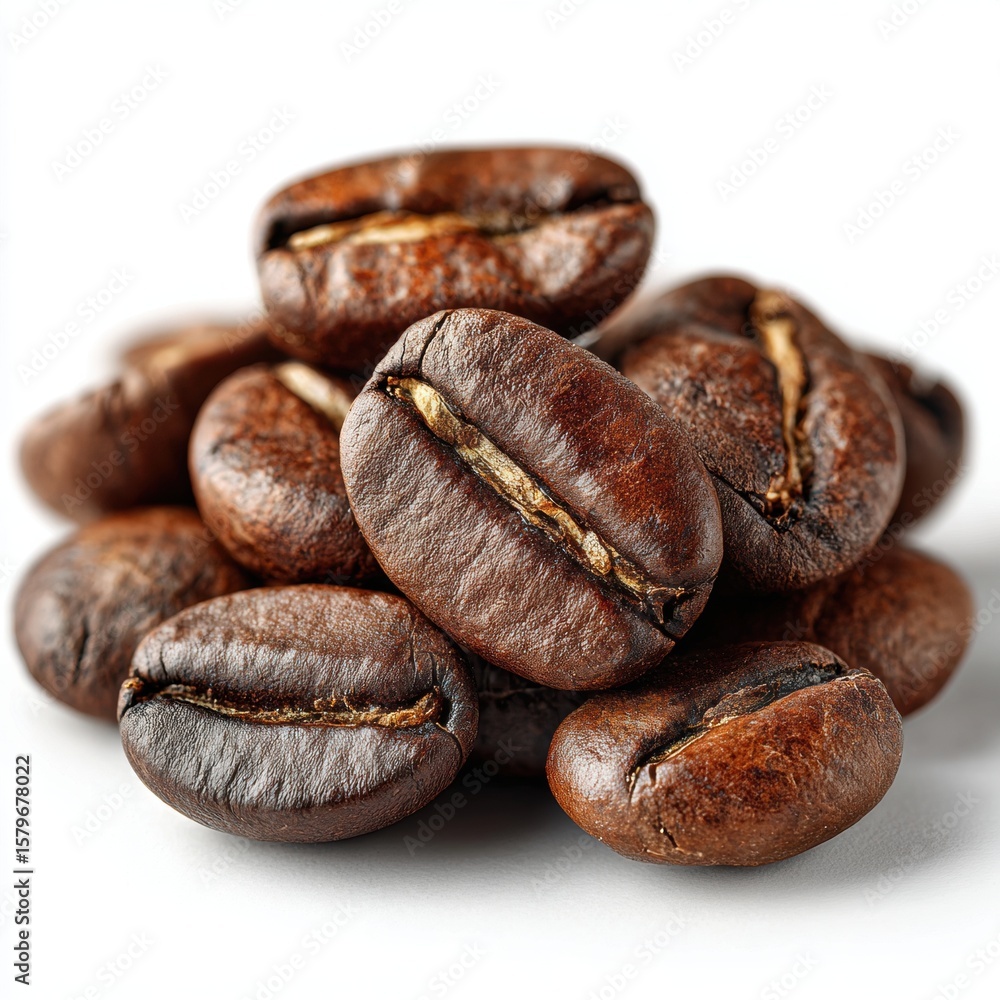 Obraz premium Roasted Coffee Beans Pile Close-Up on White Background, Macro Shot of Aromatic Brown Coffee Beans, Perfect for Coffee Lovers, Cafes, and Beverage-Related Projects, High-Quality Image for Advertising