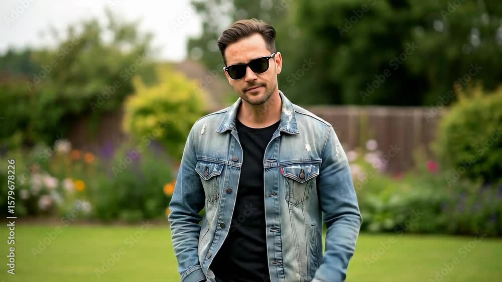 A fashionable man in sunglasses and denim jacket poses outdoor in summer green garden. Lifestyle portrait of attractive male. Footage. A fashionable man in sunglasses and denim jacket poses outdoor in summer green garden. Lifestyle portrait of attractive male. Footage.