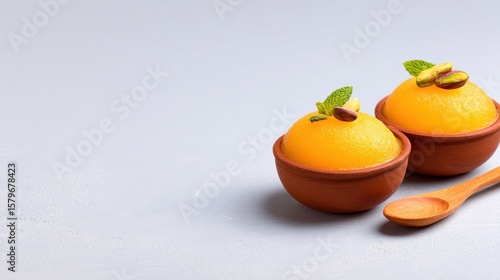 Delicious Indian Dessert Kesari Peda in Terracotta Bowls with Pistachios and Mint Leaves, Served with a Wooden Spoon on a Light Gray Background, Perfect for Festive Celebrations and Sweet Indulgence