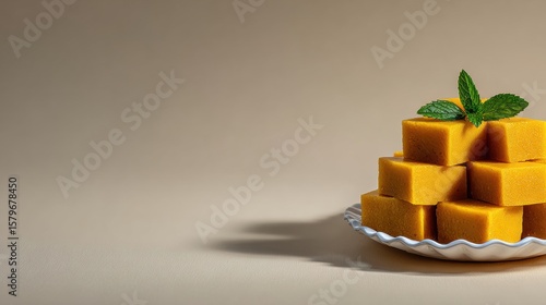Delicious Mango Burfi Stacked on a Decorative Plate with Fresh Mint Leaves, Traditional Indian Sweet Dessert, Festive Treat, Bright Yellow Color, Creamy Texture, Minimalist Aesthetic, Copy Space