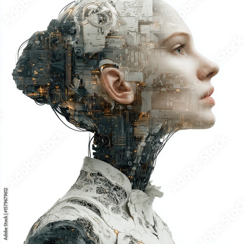 Futuristic Female Cyborg Profile with Intricate Circuitry and Human Features, Artificial Intelligence Concept, Advanced Technology, Bionic Woman, Sci-Fi Portrait, White Background, Conceptual Art