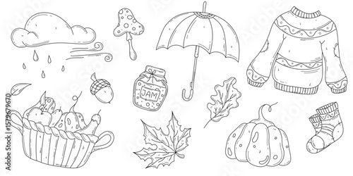 Fall autumn hand drawn set in doodle style. Outline themed collection. Isolated editable stroke elements on white background