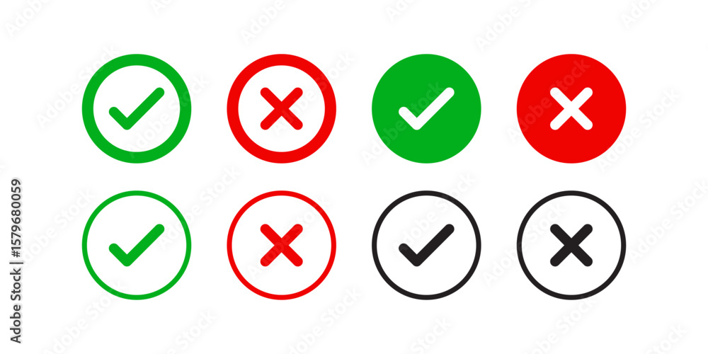 check mark icon button set. check box icon with right and wrong buttons and yes or no checkmark icons in green tick box and red cross. vector illustration