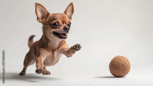 Excited Brown Chihuahua Dog Leaping Towards a Ball on a White Background, Playful Puppy in Motion, Energetic Pet Ready to Play Fetch, Cute Animal Portrait, Studio Shot of a Small Dog Chasing a Toy