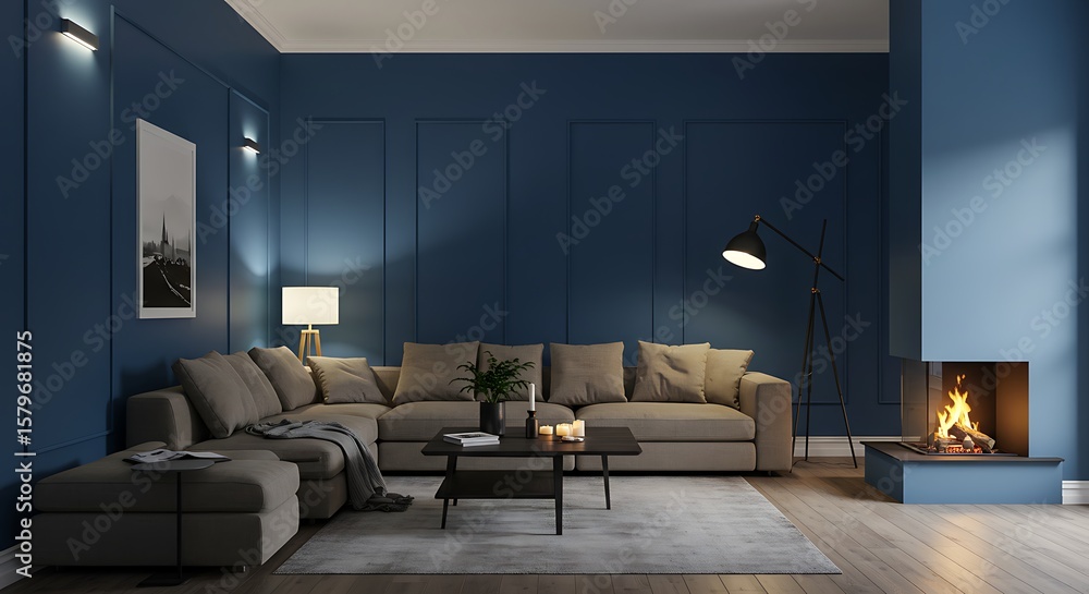 Fototapeta premium Modern living room interior design with a navy blue wall, sectional sofa, and fireplace.