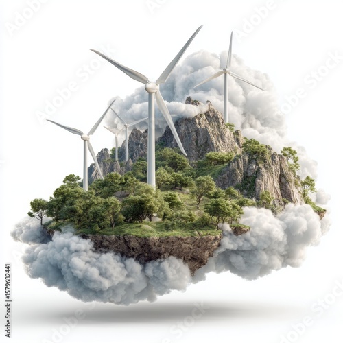 Conceptual image of a floating island with wind turbines, lush green trees, and rocky mountains surrounded by fluffy white clouds, symbolizing clean energy, sustainability, and environmental awareness