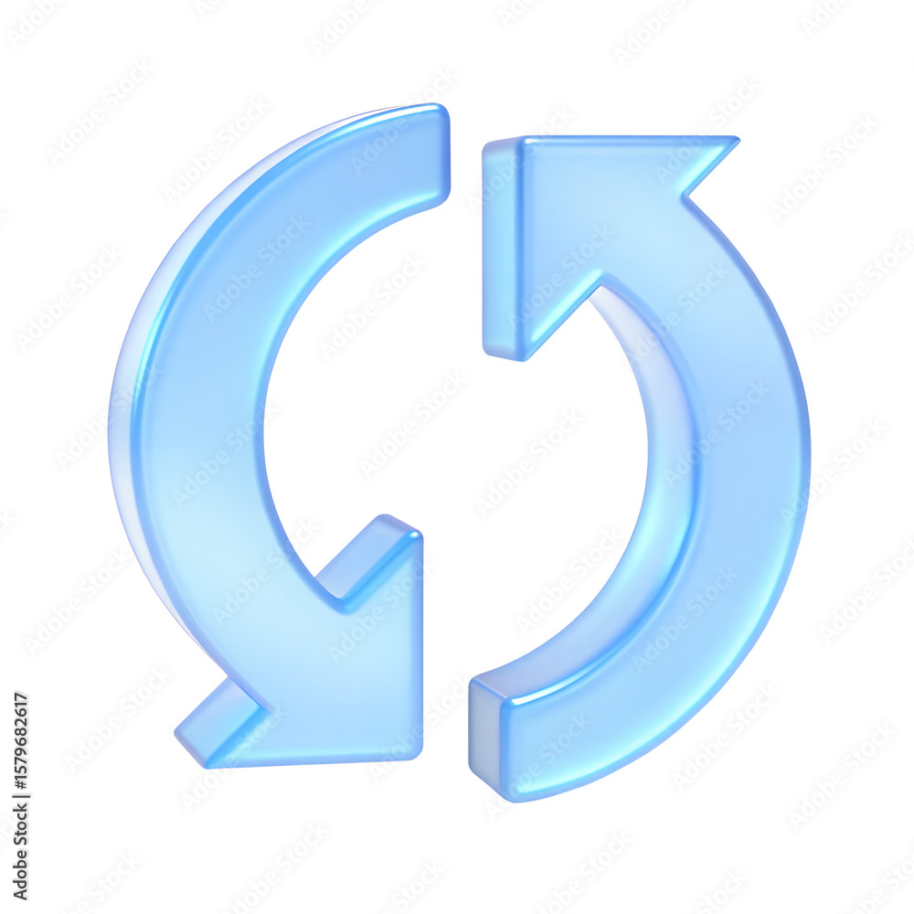 Two arrows icon - update symbol. 3d blue glass update, refresh icon - 3d rendering