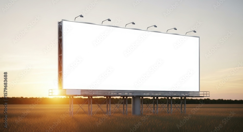 Fototapeta premium A large, blank billboard stands in a field at sunset, ready for advertising.