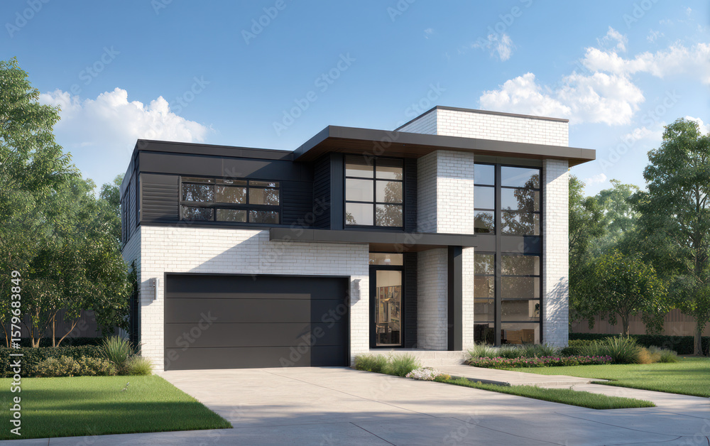 Modern two-story house with large windows and sleek design Modern two-story house with large windows and sleek design
