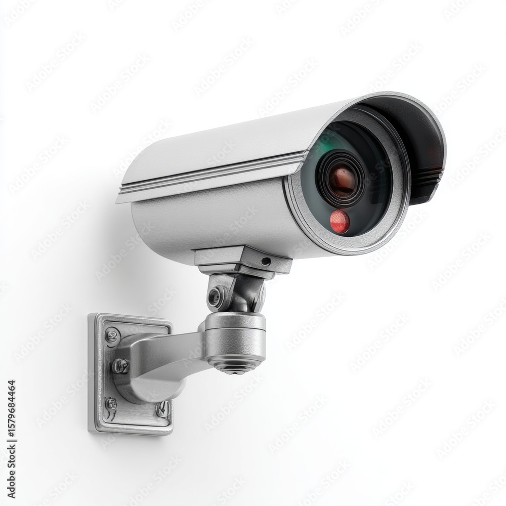 Silver Security Camera on White Wall, Surveillance System for Safety and Crime Prevention, CCTV Technology for Monitoring, Protection and Security Concept, Modern Design, High-Resolution Image Silver Security Camera on White Wall, Surveillance System for Safety and Crime Prevention, CCTV Technology for Monitoring, Protection and Security Concept, Modern Design, High-Resolution Image