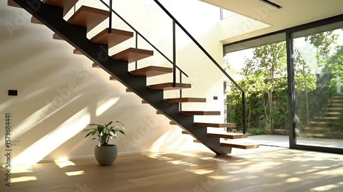 Modern House Interior with Wooden Staircase Black Railing and Sunlit Floor Design Accents