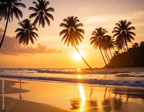 Tropical Beach Sunset with Calm Ocean and Palm Silhouette