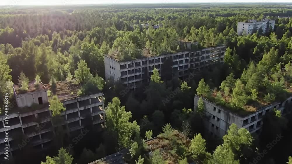 Overhead View of Decayed White Apartment Buildings Overgrown with Green Trees in Bright Sunlight Forest Overhead View of Decayed White Apartment Buildings Overgrown with Green Trees in Bright Sunlight Forest