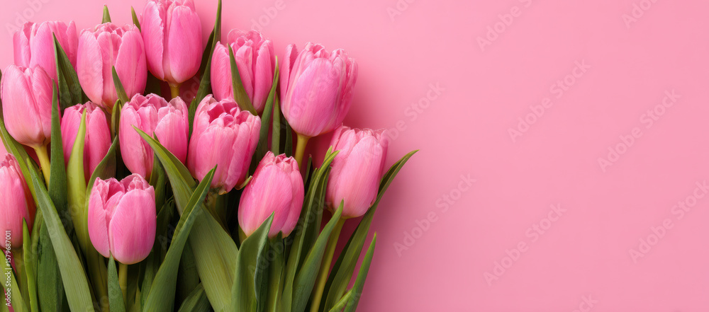 Obraz premium A bunch of pink tulips on a soft pink background