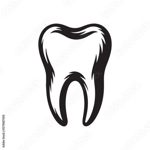 A black silhouette of a human tooth, symbolizing dental health and oral care, isolated on a white background