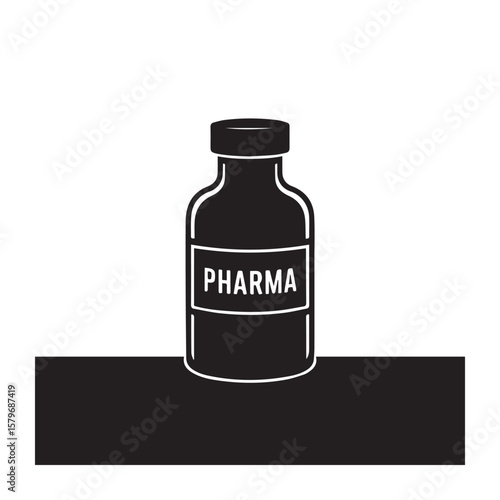 A black silhouette of a pharmaceutical bottle labeled pharma stands on a dark surface against a white background