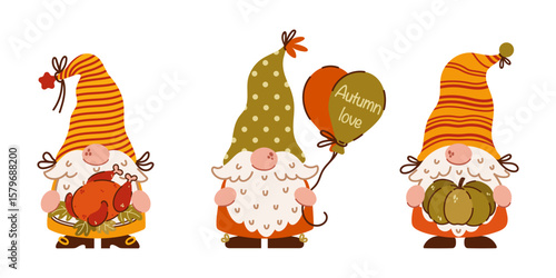 Cute autumn gnomes, vector set. Funny elves with beards hold a ripe pumpkin, roasted turkey, balloons. Scandinavian characters. Dwarves in Thanksgiving hats for a fall party. Hand drawn simple clipart