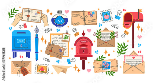 Letters vector set. Envelopes with messages, postcards, notes, documents. Stationery, postage stamps, flowers. Fountain pen, ink. Paper correspondence, mailbox for sending collection. Hand drawn art