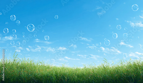 Bright blue sky with floating bubbles over green grass
