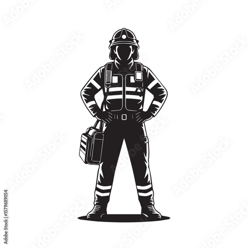 A silhouetted firefighter stands ready in full gear, a symbol of courage and emergency response