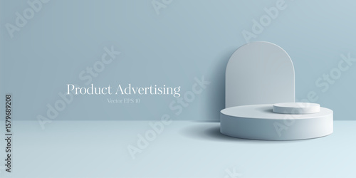 Realistic empty 3D podium for advertising products, promotional offers, and discounts. Modern soft design, interior with geometric objects. Vector illustration.