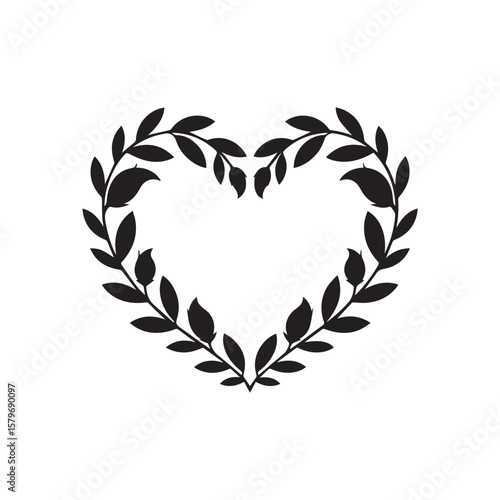 An elegant heartshaped wreath composed of leaves and branches, isolated on a white background