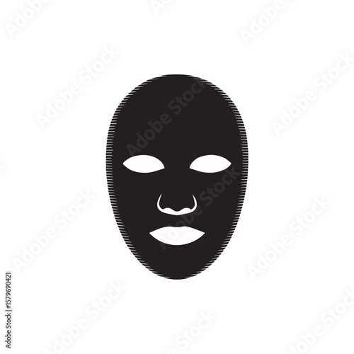 Black silhouette of a face with empty eyes and mouth, representing a facial mask for beauty treatment, isolated on white