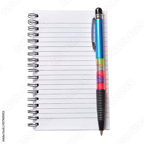 Spiral-bound notebook with colorful pen