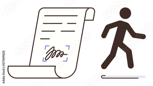 Contract scroll with signature and human figure walking forward, symbolizing progress, agreement, and execution. Ideal for business, law, negotiation, movement, purpose decision determination