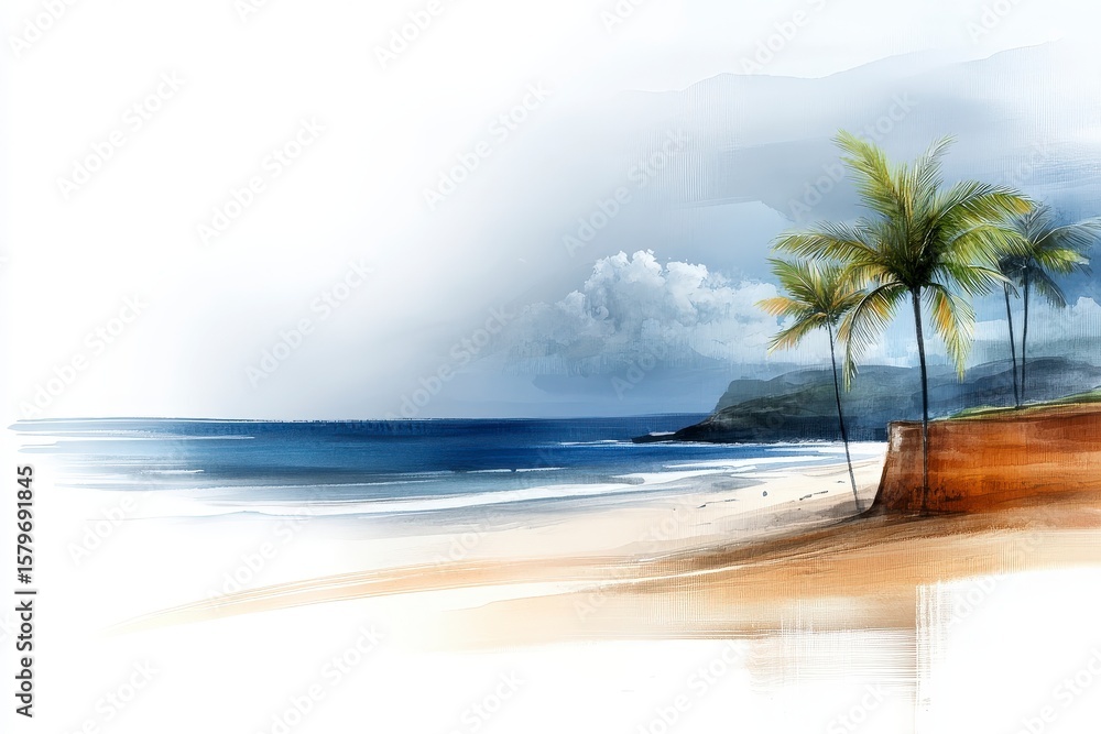 Fototapeta premium Tropical Paradise: A serene tropical beach scene, featuring lush palm trees swaying gently along the sandy shore. The calming waves of the blue ocean lap against the shore, framed by a cloudy sky.