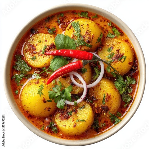 Dum Aloo Kashmiri, a traditional Indian potato curry, served in a bowl with red chili peppers, onion rings, and fresh cilantro, showcasing vibrant colors and spicy flavors on a white background,