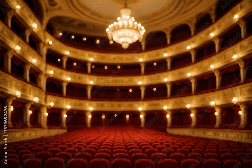 Obraz premium Luxurious Opera Auditorium Interior With Plush Red Seats and Grand Chandelier Capturing Timeless Elegance in a Classic Cultural Setting Ideal for Performing Arts and Classical Concerts