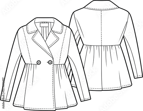 Women's Double Breasted Peplum Coat Jacket with Lapel Collar Fashion Flat Sketch CAD Drawing Vector Illustration, Outerwear Template Design