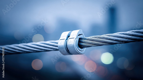 Close up of steel cable with metal clamp securing it, against blurred cityscape background, emphasizing strength and safety in industrial or construction settings