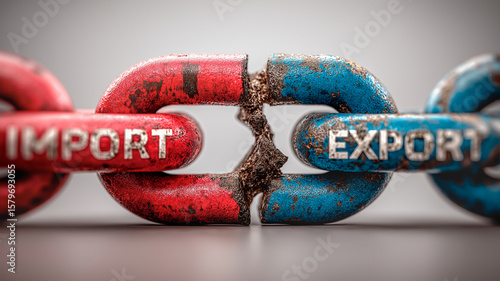 Broken link in the chain between Import and Export. Interruption between imports and exports, broken trade chain: critical disruption of world trade