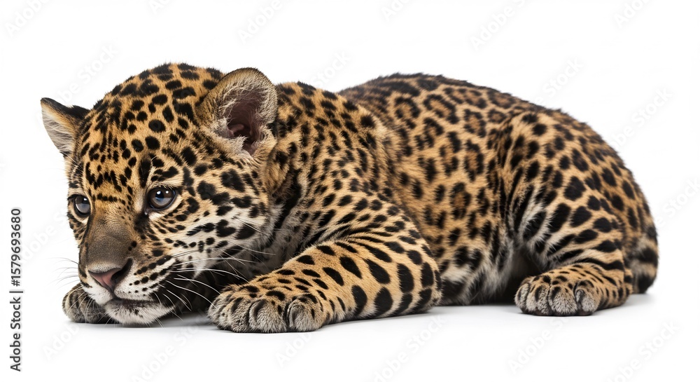 Adorable jaguar cub rests softly against white background soft light illuminates its spotted fur. AI Generated Adorable jaguar cub rests softly against white background soft light illuminates its spotted fur. AI Generated