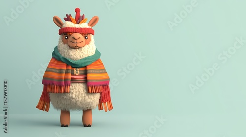 Peruvian mountain dweller cartoon character wearing traditional layered clothing and alpaca wool accessories