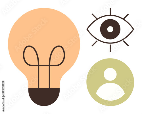 Lightbulb symbolizes innovation, eye represents observation and insight, and person icon denotes individuality. Ideal for creativity, vision, teamwork, identity, growth, empowerment modern