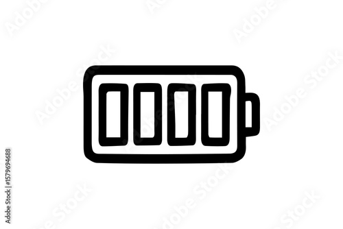 The image depicts a black and white icon of a battery. The battery is shown in a horizontal orientation with four vertical bars inside, indicating it is fully charged.