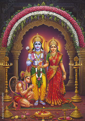 Classic Hindu Deity Rama and Sita with Hanuman Religious Illustration