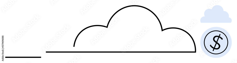 Cloud outline connected to a dollar coin symbolizing storage, economy, and network. Ideal for cloud computing, technology, finance, cost-efficiency, scalability digital services innovation. A Cloud outline connected to a dollar coin symbolizing storage, economy, and network. Ideal for cloud computing, technology, finance, cost-efficiency, scalability digital services innovation. A