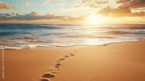 Fototapeta Naklejka Na Ścianę i Meble -  A beach with a sunset in the background