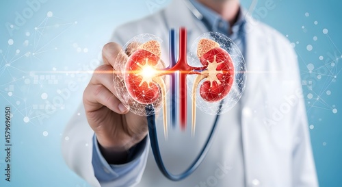 World Kidney Day Doctor examining kidney diagram with stethoscope, symbolizing healthcare, medical technology, and the importance of kidney health.