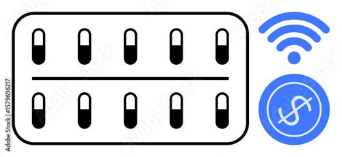Modern pill dispenser with rows of capsules, wireless signal, and dollar sign. Ideal for healthcare, medication tracking, automation, smart devices, accessibility, cost control and simple flat