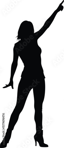 Confident Woman Silhouette Posing with Raised Arm in High Heels, Vector Illustration