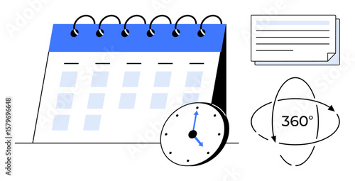Spiral calendar, clock with blue hands, lined notes, and rotation arrow. Ideal for scheduling, organization, productivity, deadlines appointments project management and planning concepts. Clean