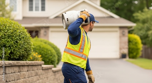 a person making a gas delivery to a white house
