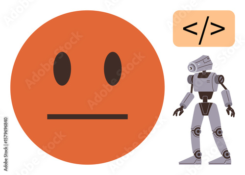 Neutral orange face beside coding tag and humanoid robot, showcasing human emotion vs artificial intelligence. Ideal for AI, technology, programming, robotics, emotions, human-machine interaction
